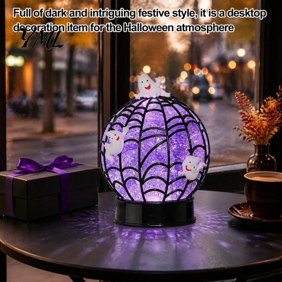 Spider Web Decor Lamp Halloween Ghost Glitter Ball Lamp, Glowing Spiderweb Faux Crystal Sphere Light, Purple Glow Night for Holiday Party Table