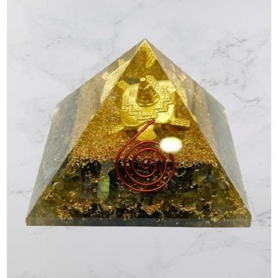 Resin Medium Size Multicolor Set of 1 Labradorite Shree Yantra On Turtle Orgone Pyramid for Reiki Healing, Vastu Correction, Meditation