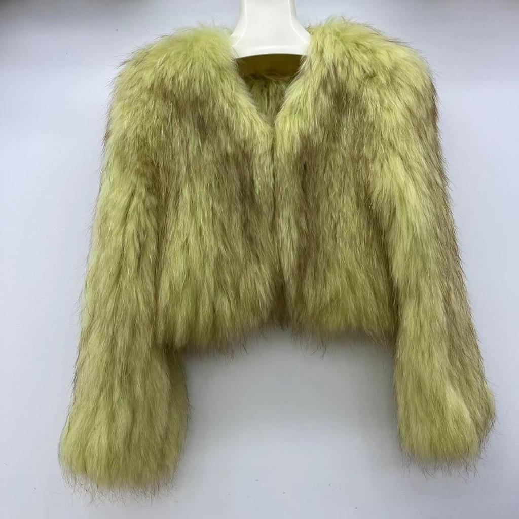 Real Raccoon Fur Braided Jacket Short Length 40cm Double-sided Encryption Slim Young Winter Tops Women's Coat
