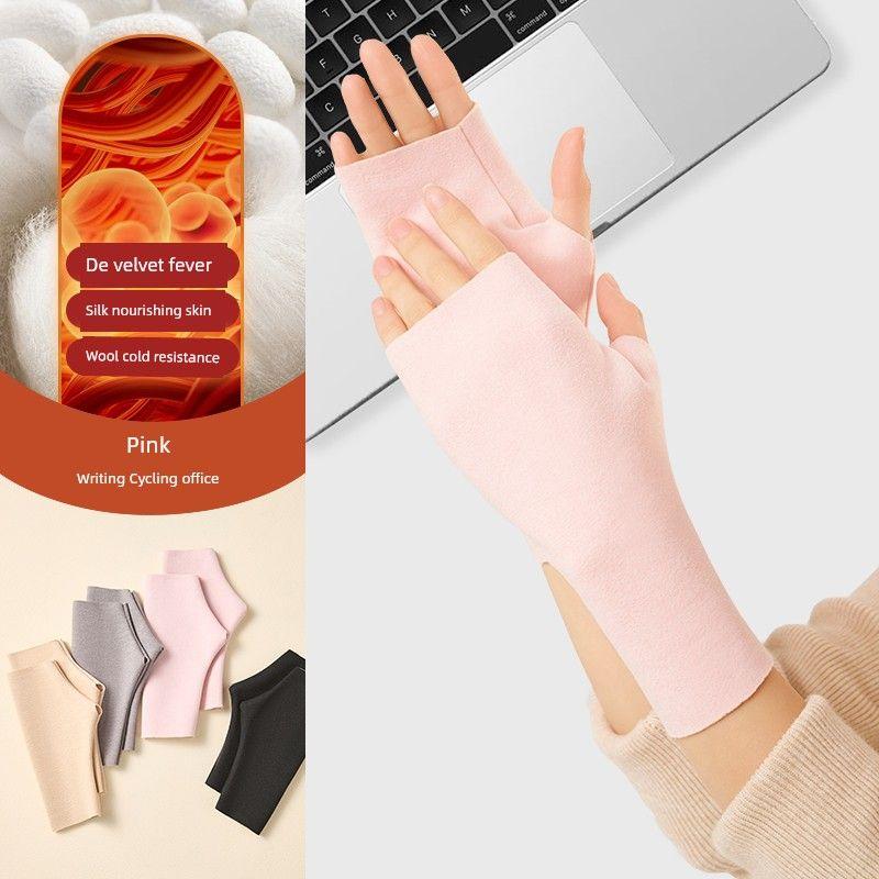 

Thermal Gloves Half Finger Male Heating Fleece Silk Touch Screen Autumn and Winter Riding Open Finger Student Writing Office Typing Winter [Even finger wrist lengthen] Pink One size