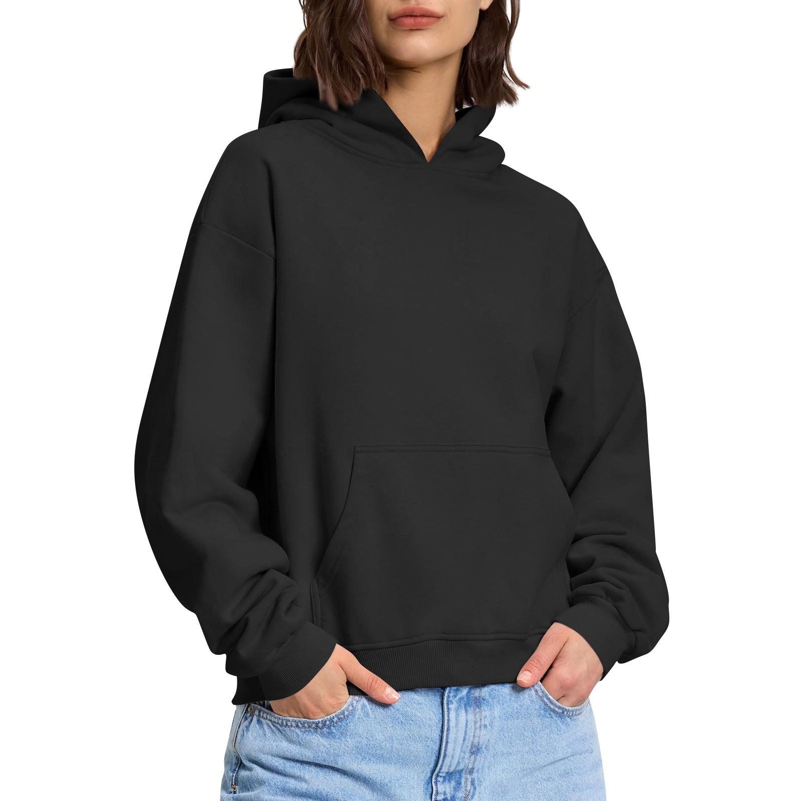 

Женская модная повседневная толстовка с длинными рукавами и круглым вырезом с капюшоном, однотонная толстовка с прошитой нитью S чёрный