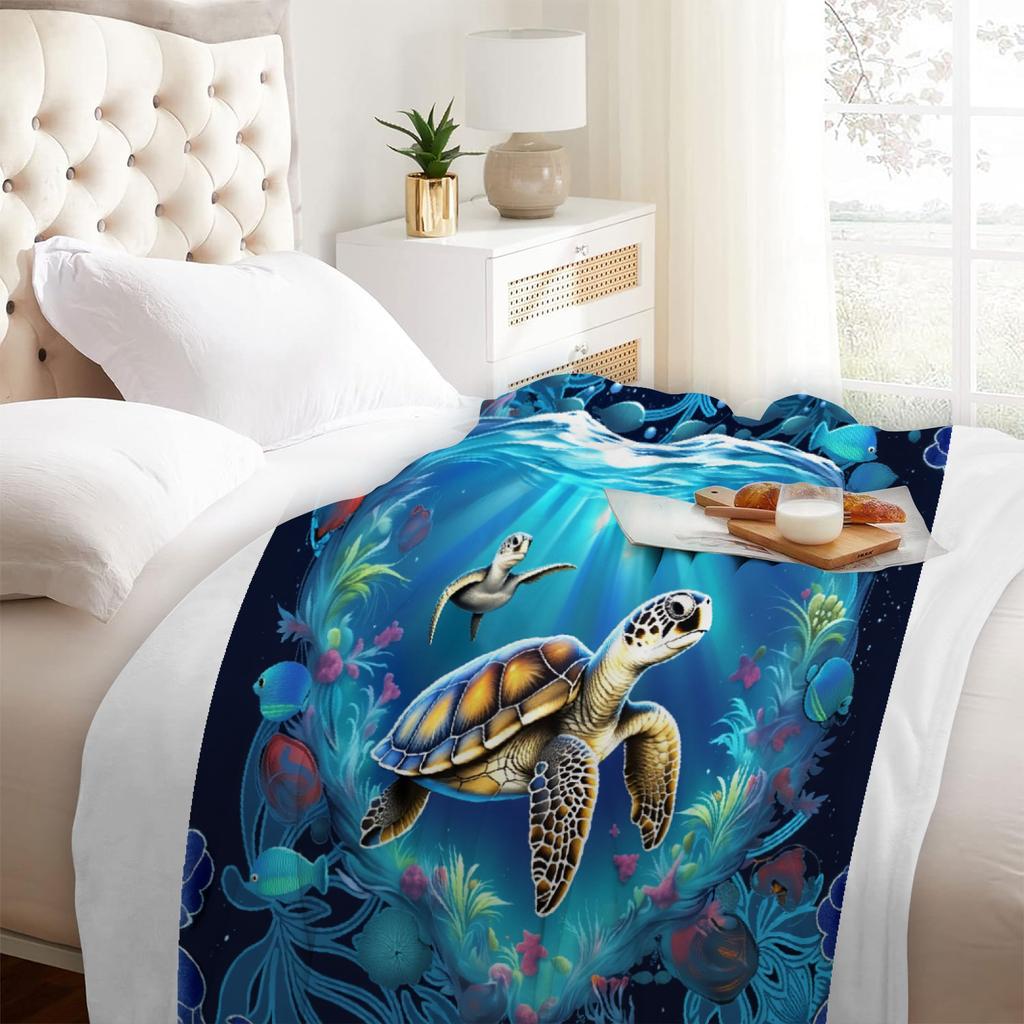 1pc Blue Blanket Sea Turtle 3D Printed Comfortable Flannel Blanket for Home Living Room Bedroom Decor Birthday Gift