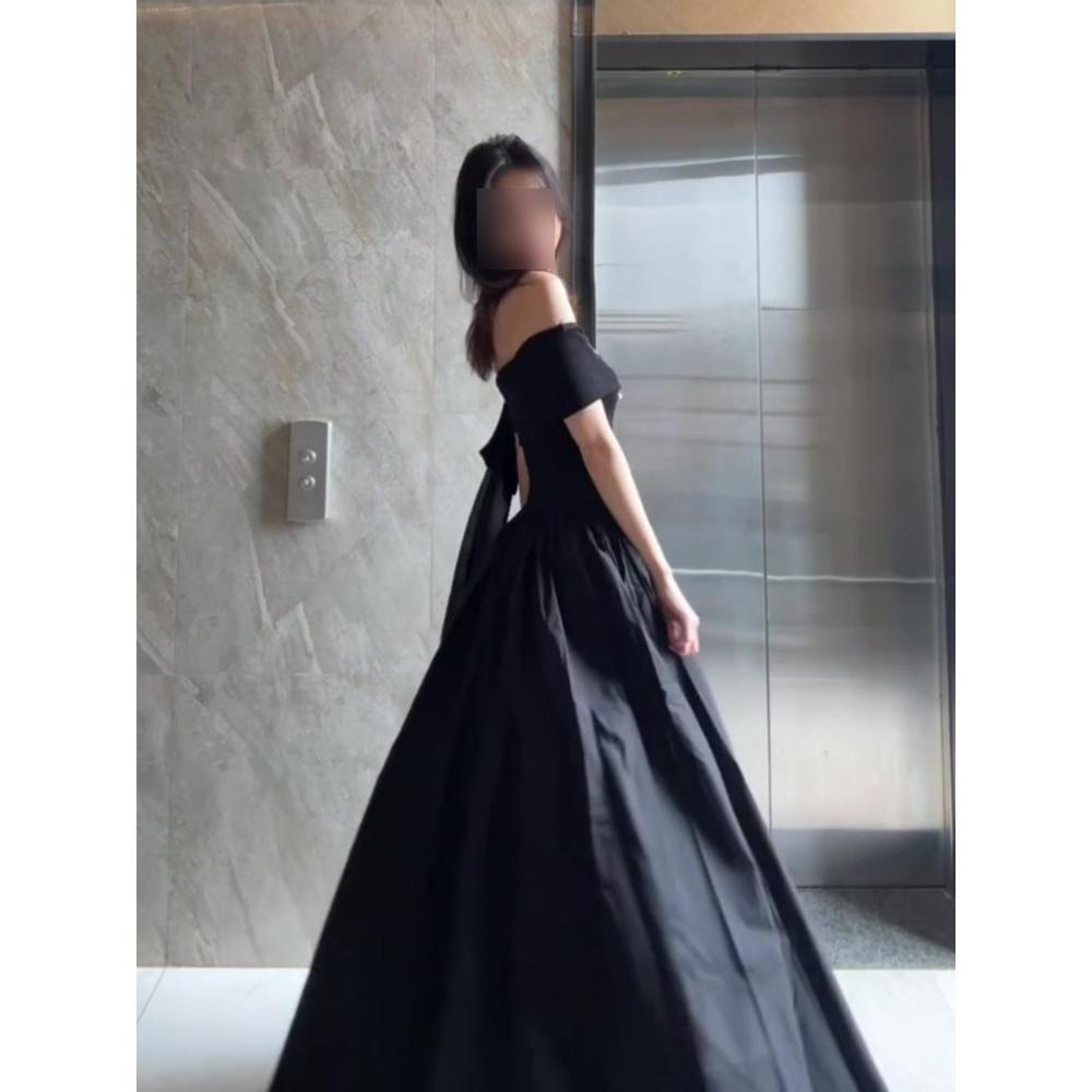 Female summer tall temperament slim long dress to ankle super long black one-word shoulder dress