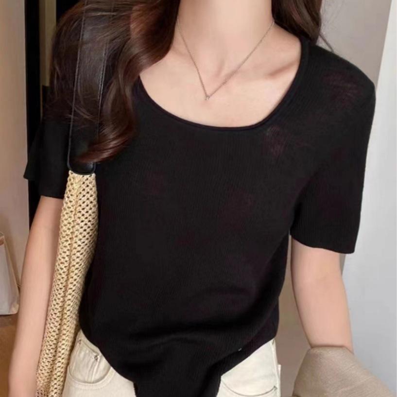 Knit Sweater Women's Short-sleeved T-shirt U-neck Top Design Sense Niche Thin Pink Small Shirt Summer Casual Essential Slim Fit Pullovers Tees
