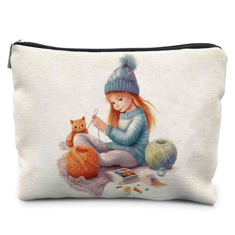 Creative Sewing Theme Print Makeup Bag Polyester Zipper Pouch Button Yarn Cat Pattern Organizer for Travel Daily Use 21.5x15cm