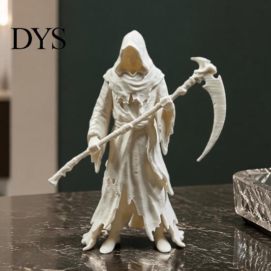 Dark Style Ornament Gothic Grim Reaper Figurine, 3D Printed Hooded Statue with Figurine Sickle, Spooky Robe Decoration for Halloween Indoor