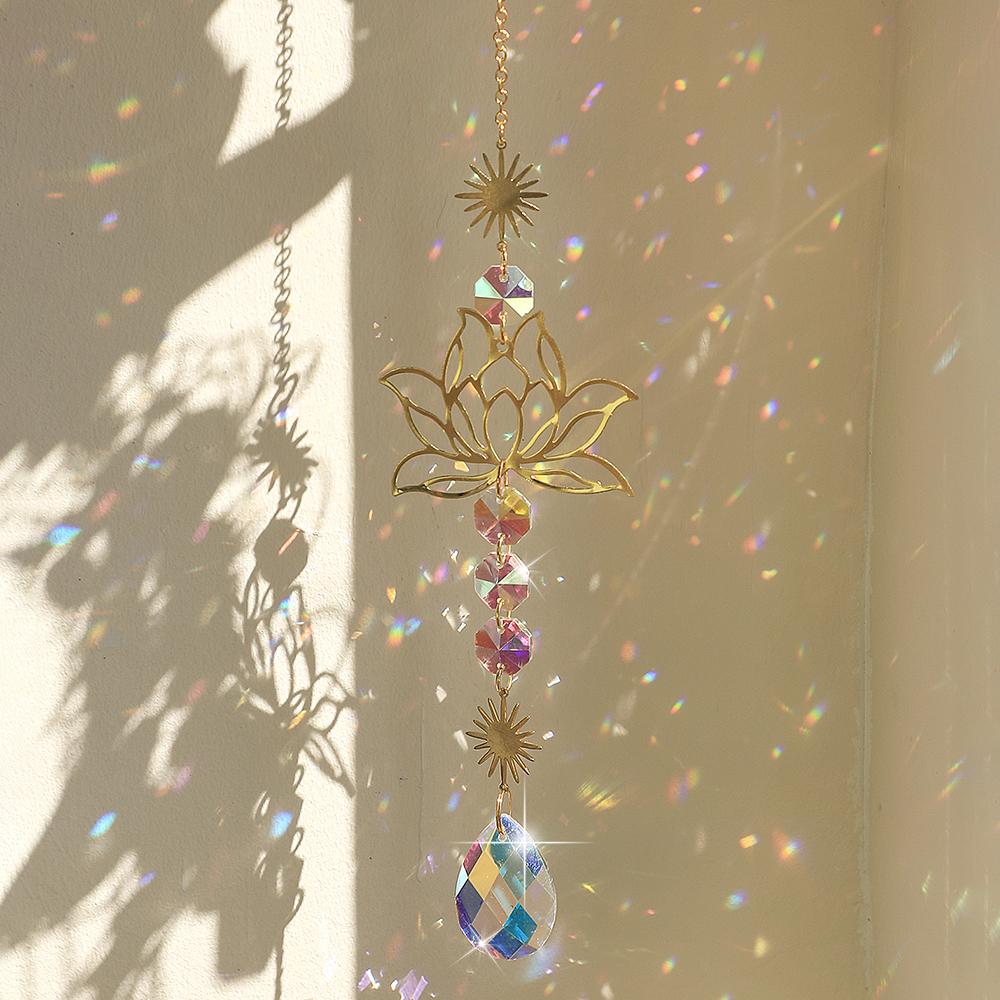 Sun Catcher Crystal Lotus Hanging Crystals Stained Glass Suncatcher Outdoor Decor Rainbow Maker Prism Chakras Garden Decoration