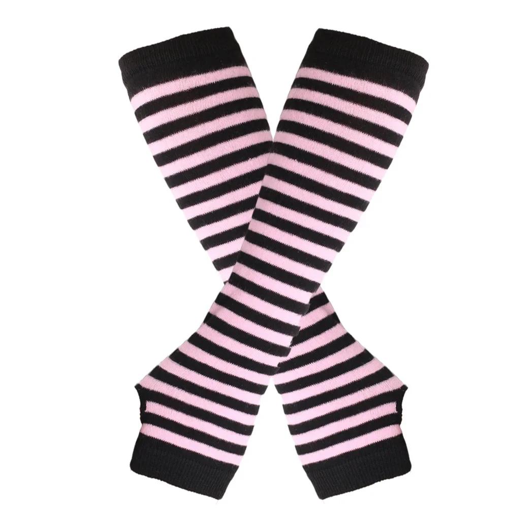 New Fashion Long Glove Arm Cover Classic Pink Black and White Striped Fingerless Elbow Gloves Warmer Knitted Long Wristband