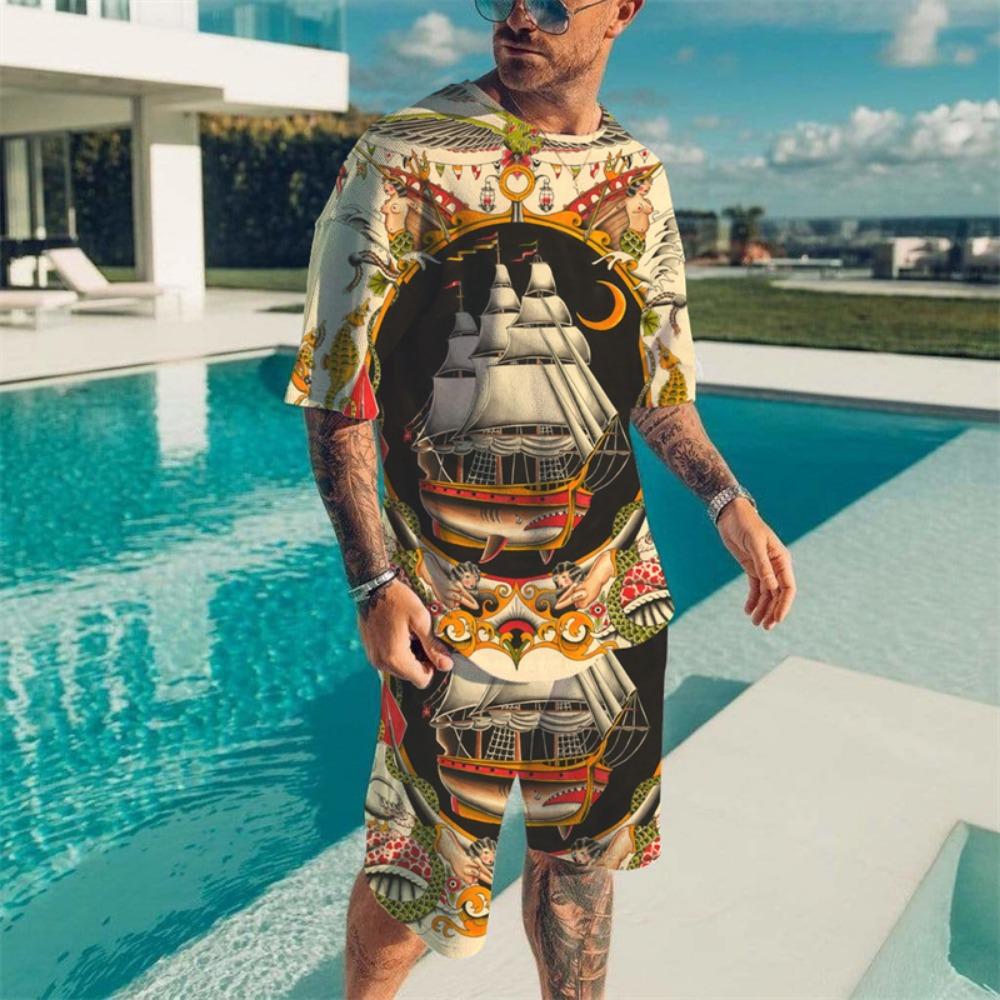Vintage Wave Print T-shirt Set Summer Men's Beach Breathable Short Sleeve 2 Piece Set Men's Fashion Tops Set Men's Clothing