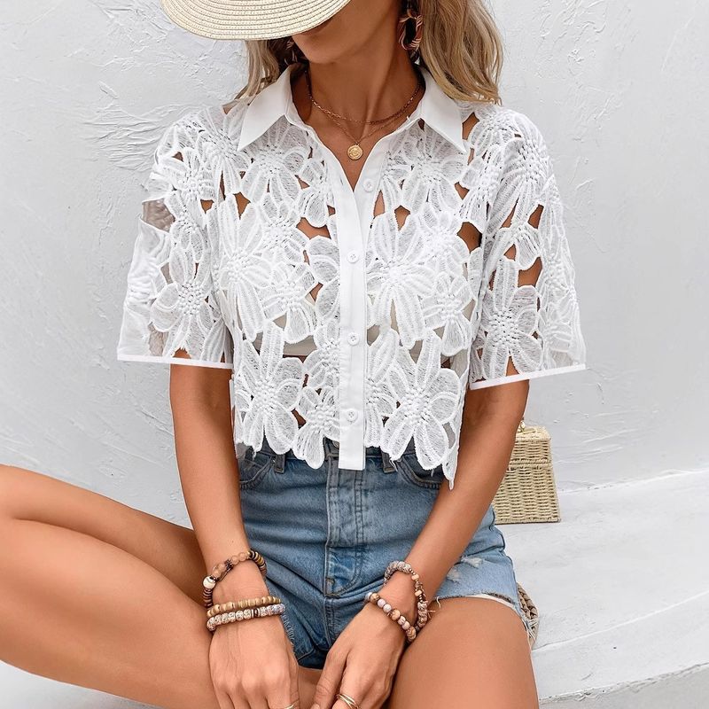 

Модный стиль Летняя женская сексуальная однотонная кружевная вышивка с вырезами в виде цветов, рубашка с коротким рукавом, женский кардиган, топы для отпуска White S