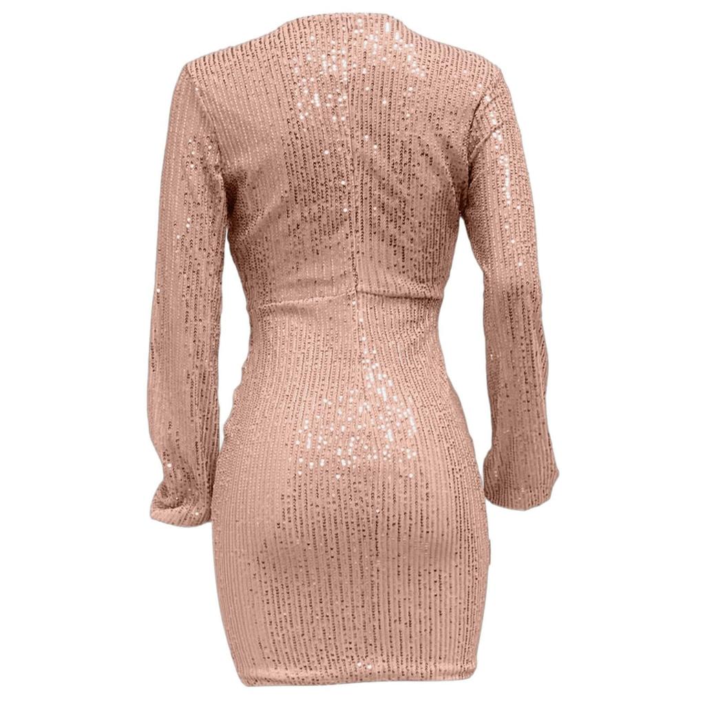 Women's Fashion Party Solid Color V-neck Long Sleeved Slim Fit Sequin Pleated Ribbon Wrapped Hip Dress Evening Dress