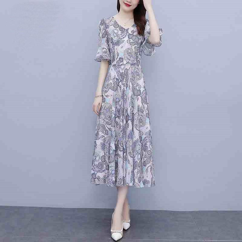 Floral Ice Silk Dress Outfit In Summer Sweet New Large Size Waist-hugging and Slimming Style and Age-reducing Long Skirt