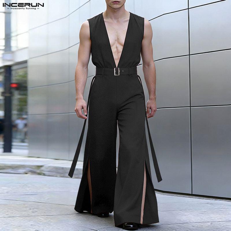 INCERUN Men Summer Deep V Neck Belt Waist Long Wide Legs Jumpsuits Overalls
