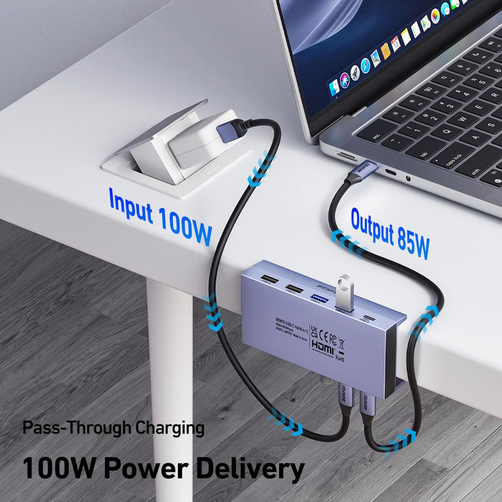 BENFEI USB C-hub med säker klämma Gigabit 100W PD 10Gbps 2 och 2 Kompatibel med iPad och XPS17 8-i-1 - 4K@60Hz HDMI, Ethernet, Laddning, USB-C,