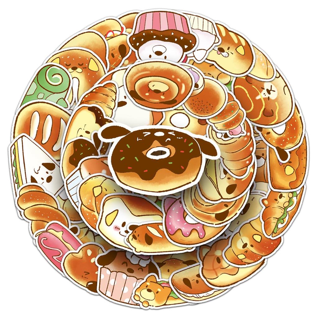 50 Hand-drawn Bread Dog Graffiti Stickers: Cute Cartoon Dessert Designs for Water Bottles, Phones, and Journals.
