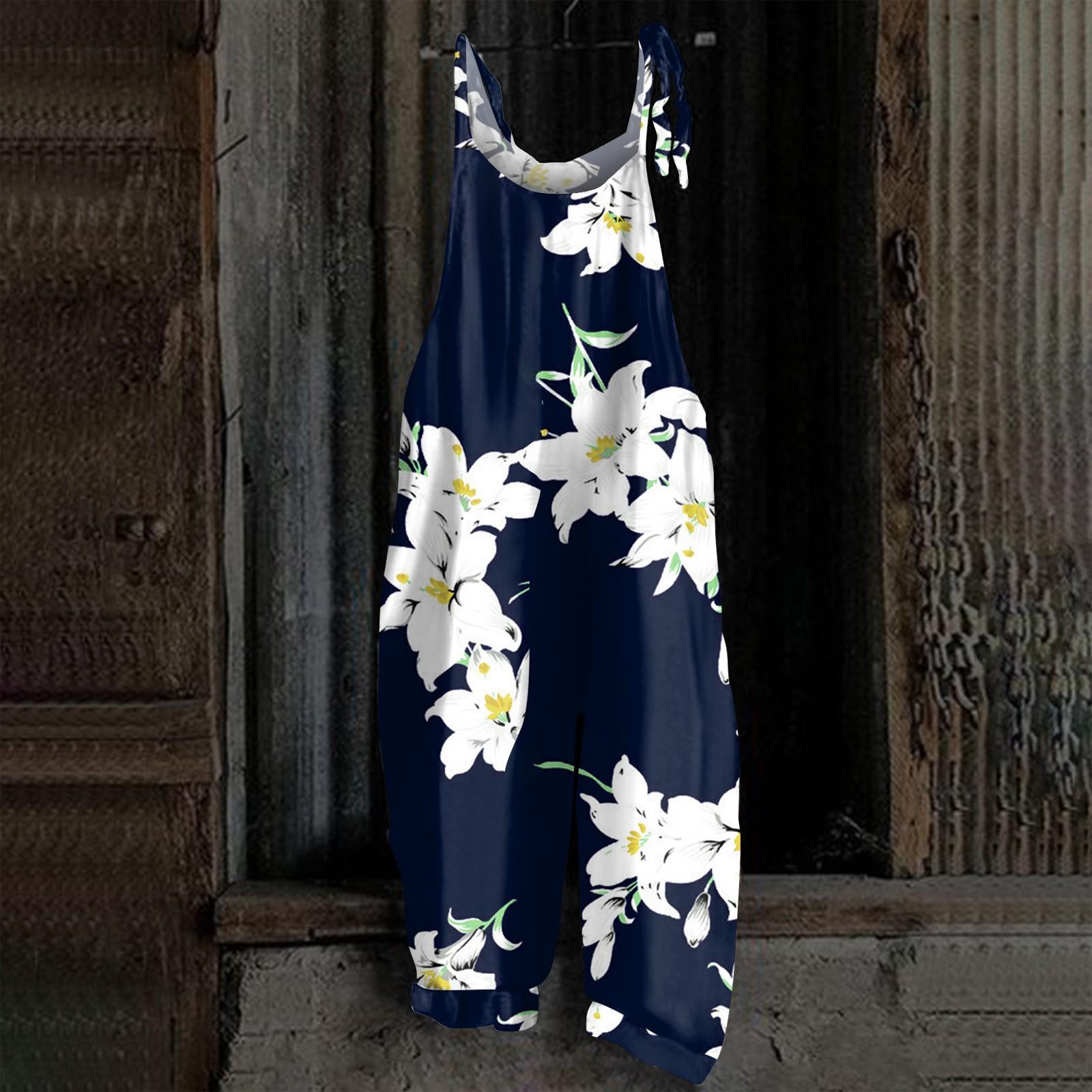 

Женский комбинезон с принтом, повседневные свободные ретро-бретельки из хлопка и льна XXXL синий