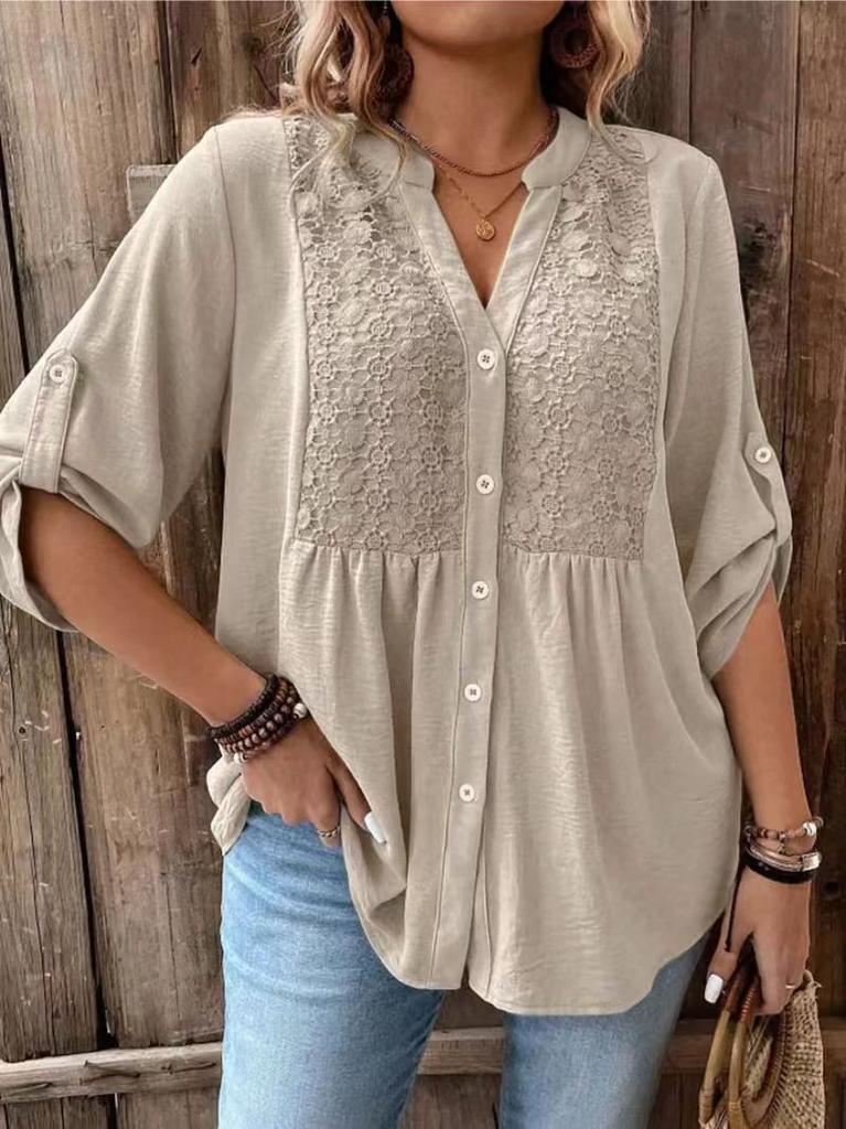 Plus Size Women S Lace Splice V Neck Long Sleeve Shirt