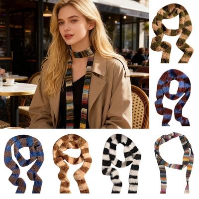 Y2k Aesthetic Colorful Striped Scarf Thin Skinny Belt Knitted Scarf Long Warm Fluffy Neckerchief Photo Props