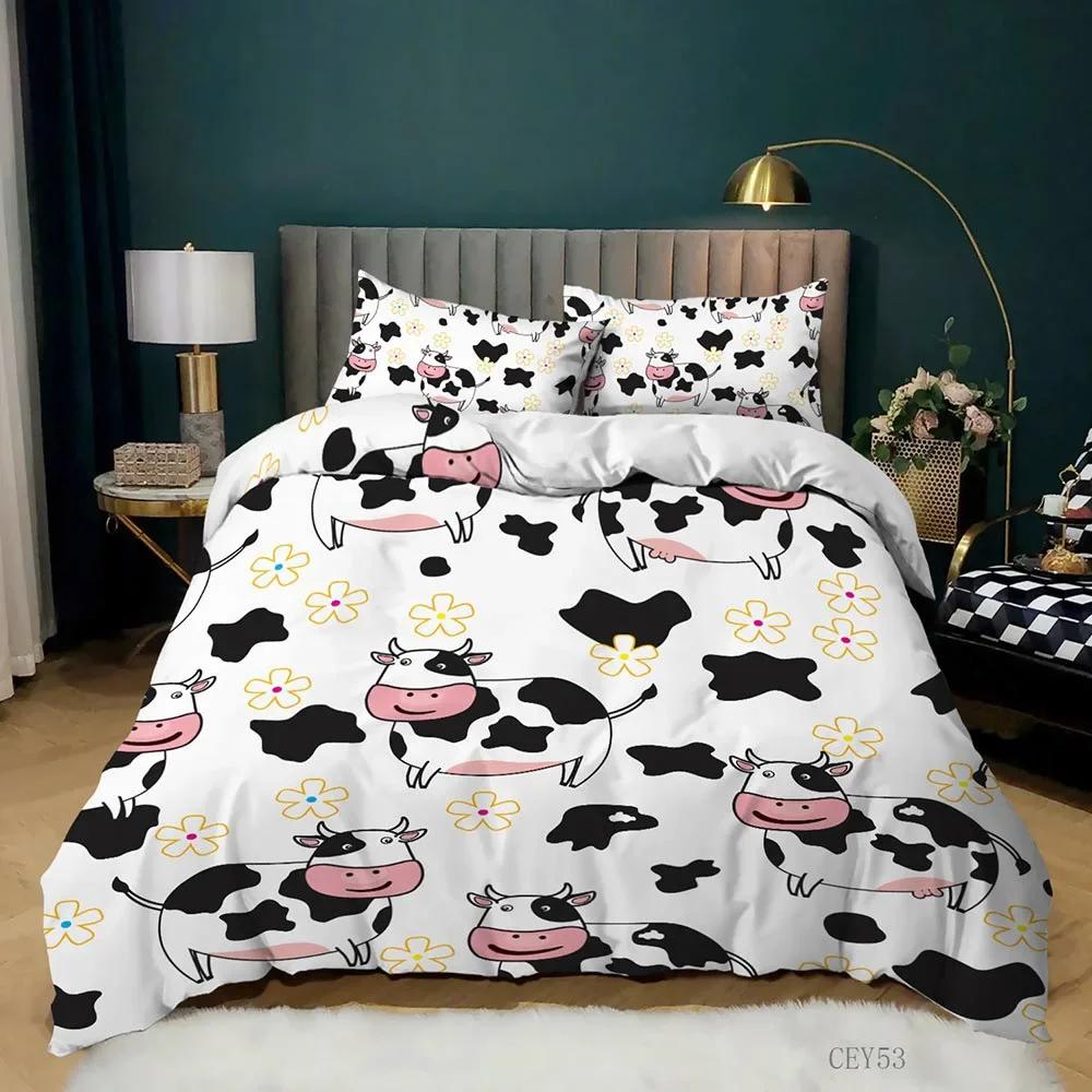 Milk Cow Duvet Cover King Queen Size Cute Cartoon Cows Bedding Set for Kids Farmhouse Rustic Animal 2/3pcs Polyester Quilt Cover