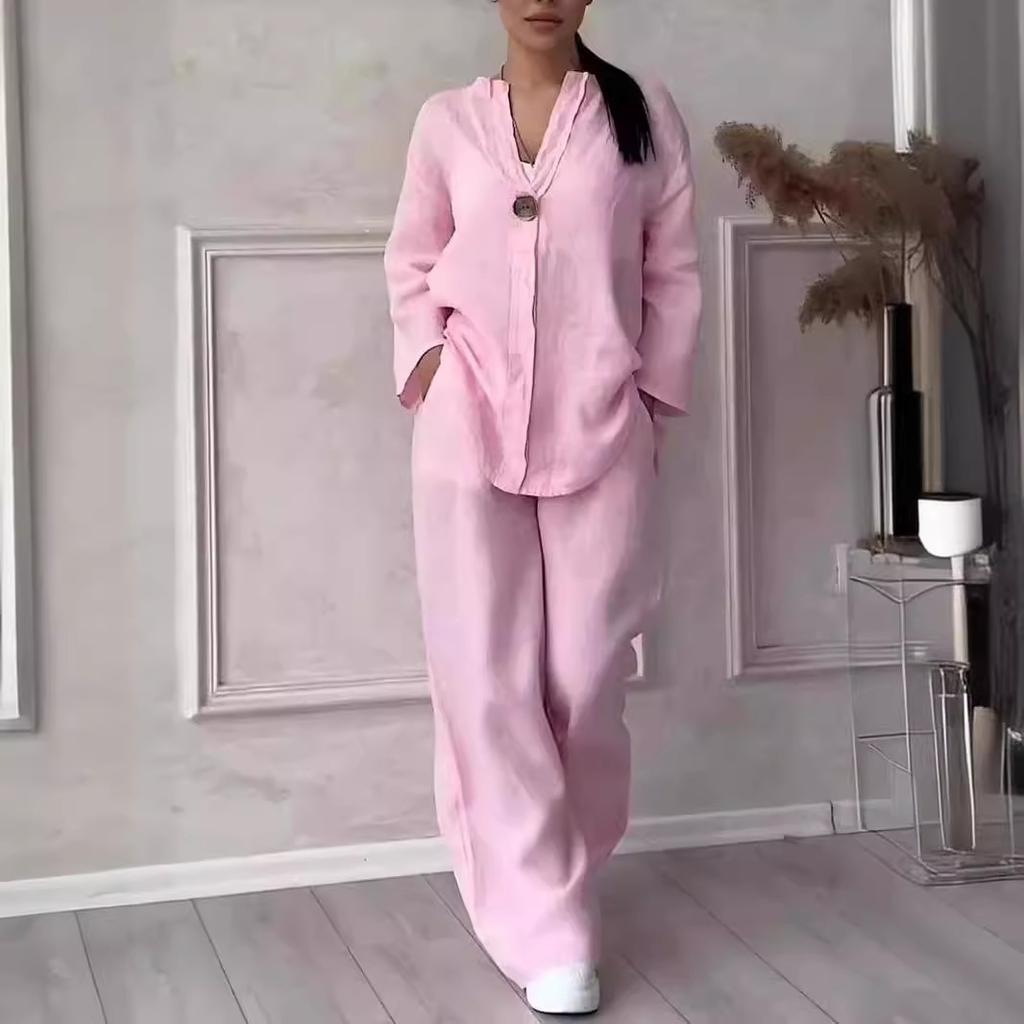 Women 2-Piece Outfit Long Sleeve Button Blouse & Wide Leg Pants Set Casual Solid Linen Look Suit S-5XL