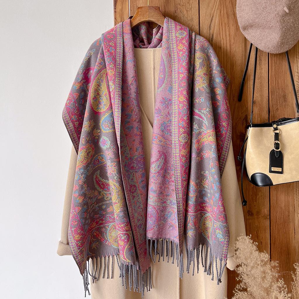 Women'S Winter Paisley Print Thick Pashmina Shawl Warm Long Tassel Scarf Poncho Stoles Cold-Proof National Style