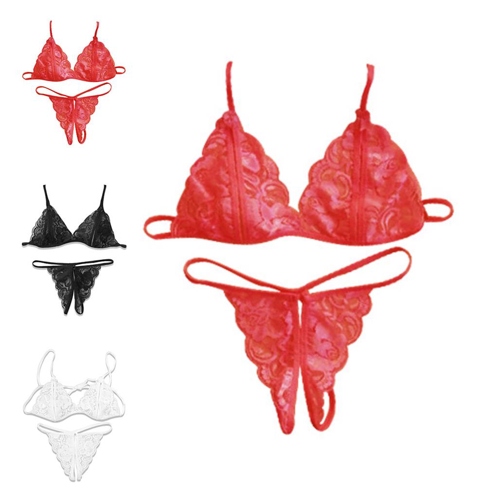 Women Lace Lingerie Sleepwear Bodydoll Hollow Out String Pants Briefs Pajamas Open Underwear