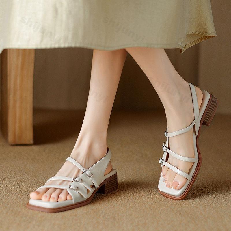 Fashion 2025 Summer Women's New Retro Style Square Head Thick Heel Sandals Open Toes Fashion Hollow Breathable Buckle Design Cool Pumps