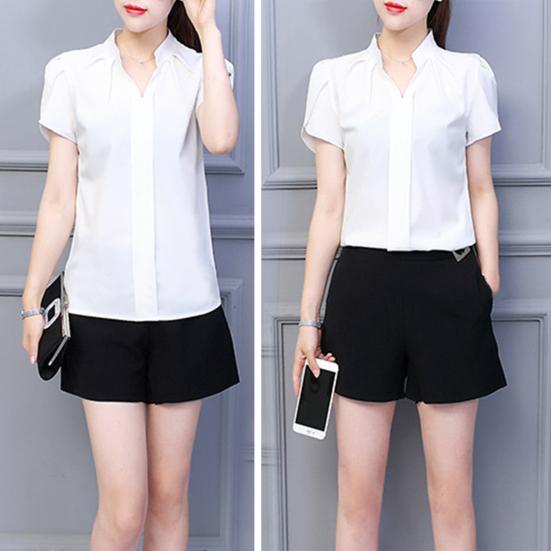 Sommer Chiffon Hemd V-Ausschnitt Blütenblatt Kurze Einfarbig Ärmel Pullover Tops Stehkragen Dünne Frauen Bluse