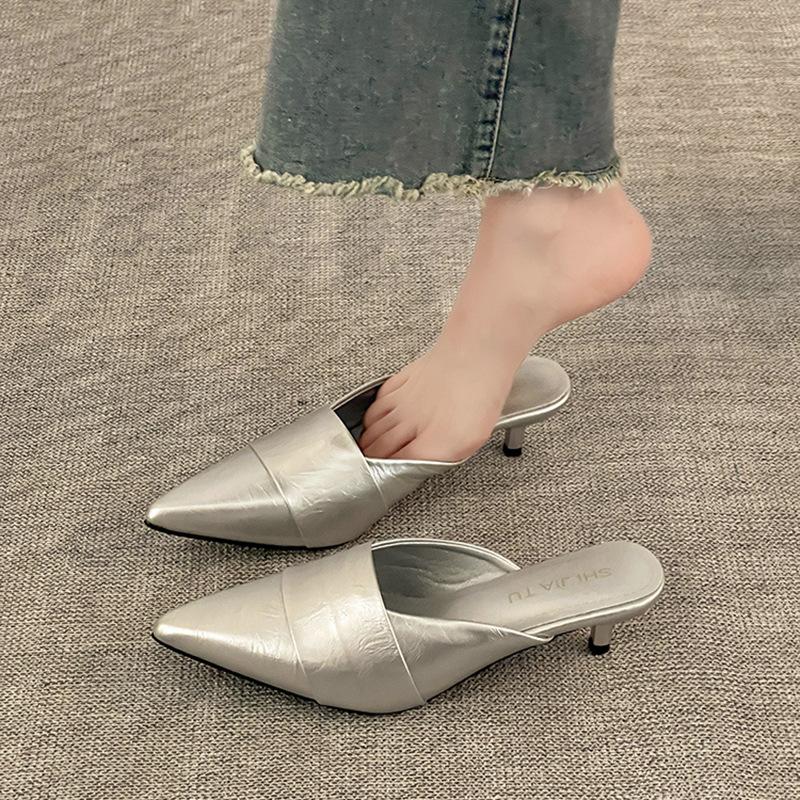 Simple Pointed Head High Heel Bag Head Half Slippers Women's Summer Fashion Versatile Casual Wear Solid Color Thin Heel Cool Slippers Tide
