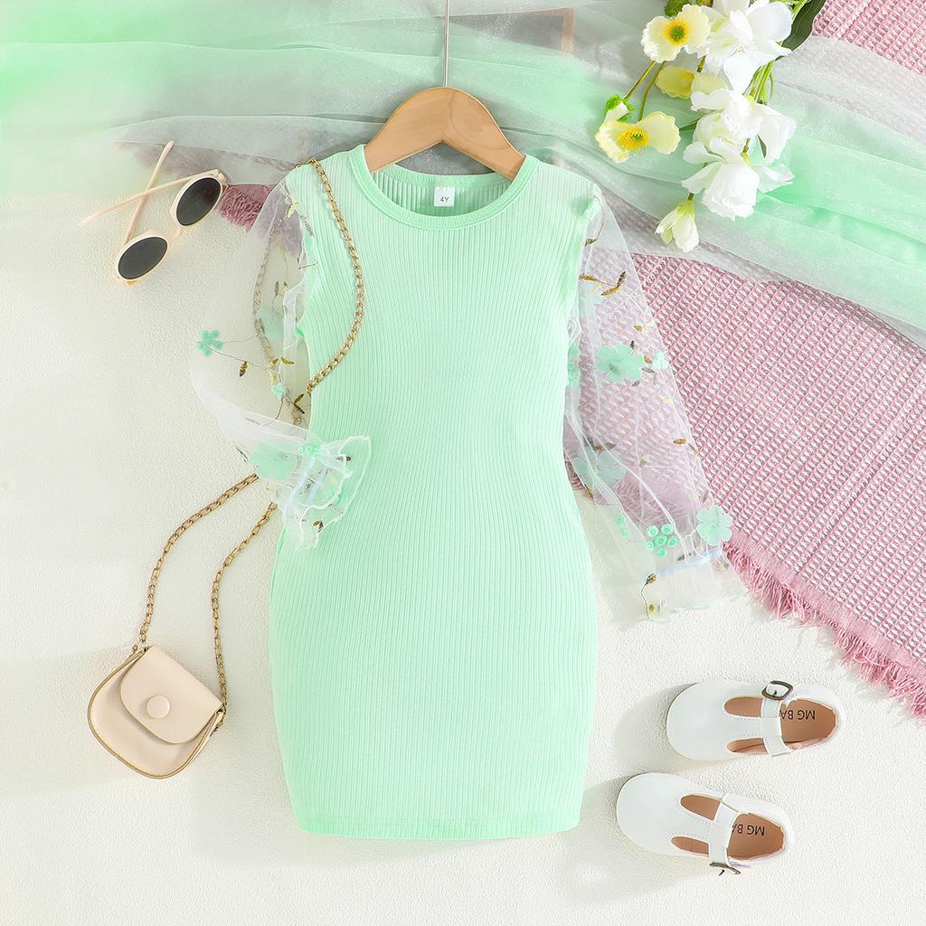 Dívčí šaty Jarní a Podzimní Dětské Oblečení Síťované Rukávy Móda Dívčí Dětské Pletené Šaty s výstřihem pro 4 5 6 7 let