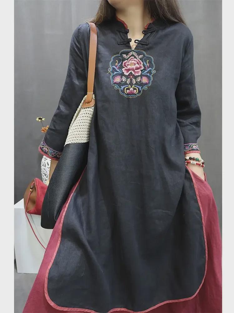 

Женское ретро китайское хлопково-льняное вышитое платье миди с рукавами 3/4 L (105-120 jin)