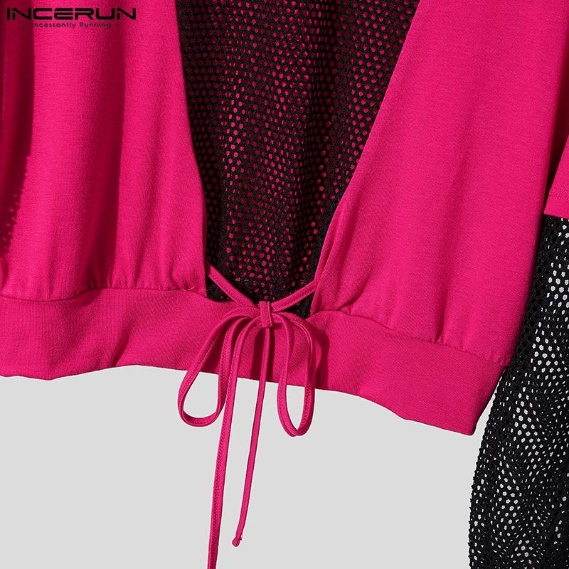 INCERUN Sexy Men Mesh Patchwork Long Sleeved Hollow Out Short T-shirts Tops