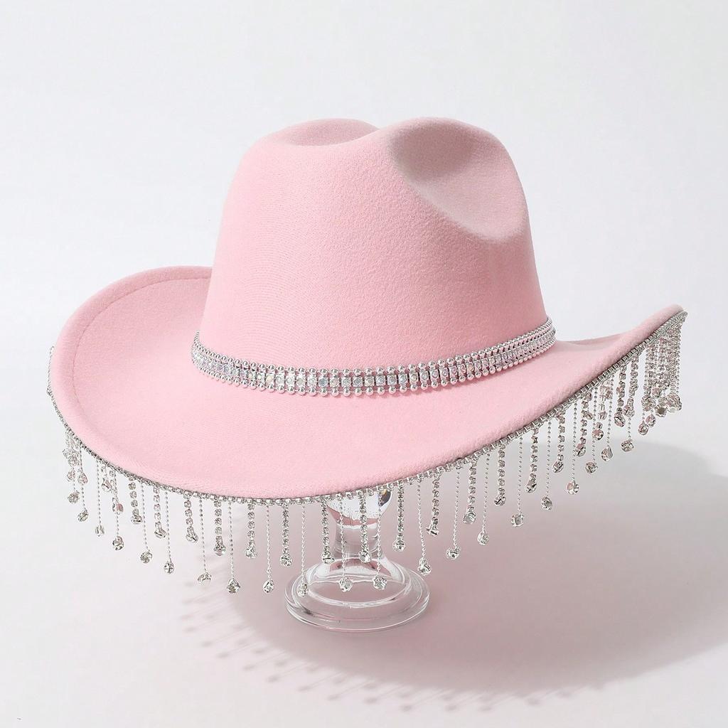 Rhinestones Bright Diamonds Tassel Western Cowboy Top Hat Ladies Top Hat Holiday Party Wedding Jazz Hat