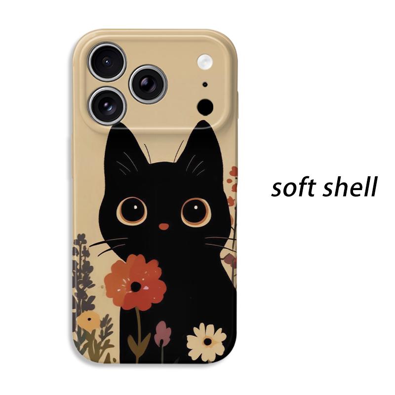 Big Eyed Floral Cute Black Cat Holding Flower Art Film Aesthetic Protective Shockproof Bumper Case Cover For iPhone 14 15 16 Pro Max Plus