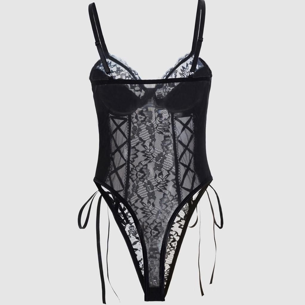 Body Modellante Lingerie 051 Patchwork in Ecopelle Nera con Lacci e Pizzo Europeo 051