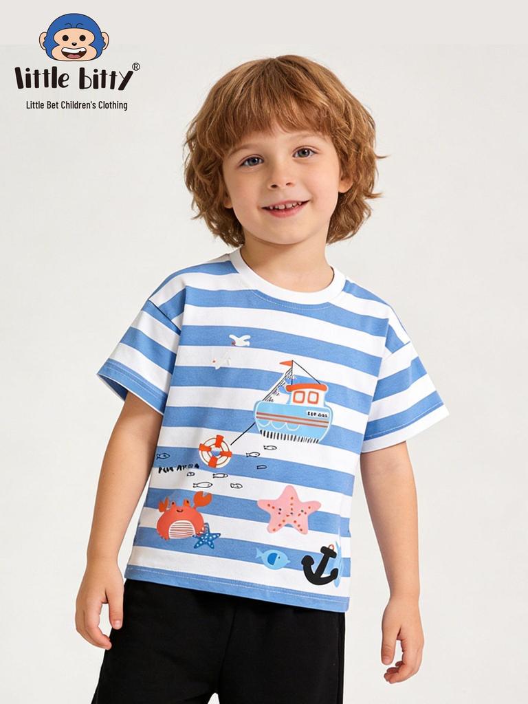 Summer 2023 Cartoon Ocean Print Kids' T-Shirt – Casual, Fashionable Round Neck