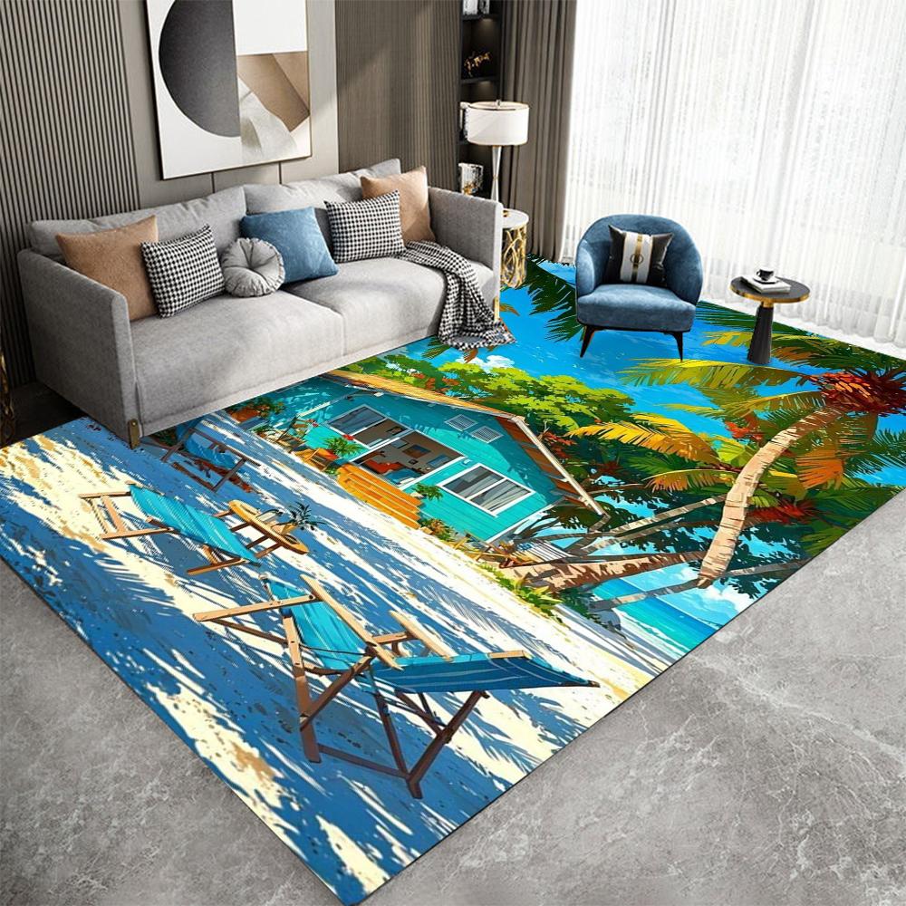 Tropical Beach Scene Carpet  With Palm Tree Flowers Vintage Car Coastal Road Waterfront Hut Patterns Rug For Living Room Decor