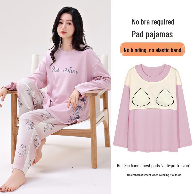 

Женский хлопковый пижамный комплект большого размера с двусторонней отделкой и нагрудными вкладышами, стиль пуловера, круглый вырез L (for 50-60 kg)