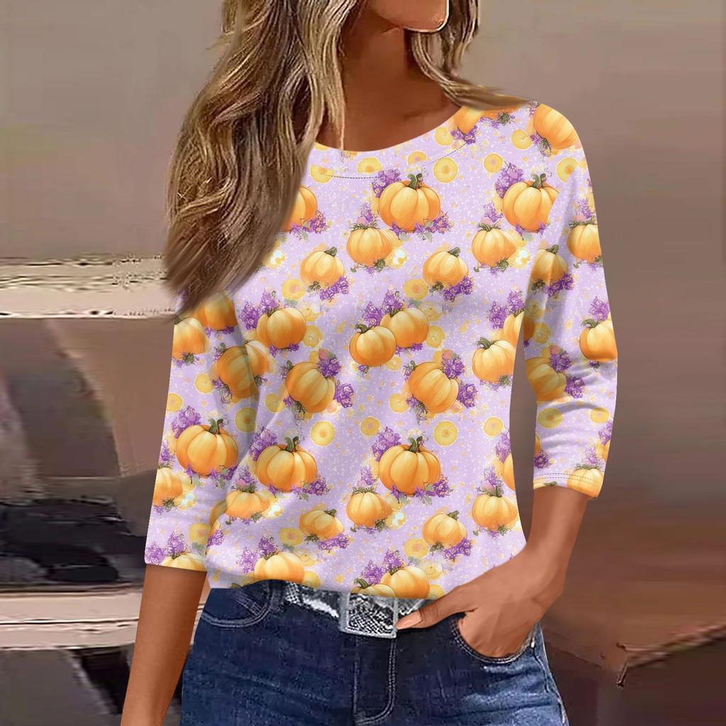 Women's Loose Fit Casual Halloween Print T-Shirt 3/4 Sleeve Round Neck Relaxed Fit Top for Everyday Wear