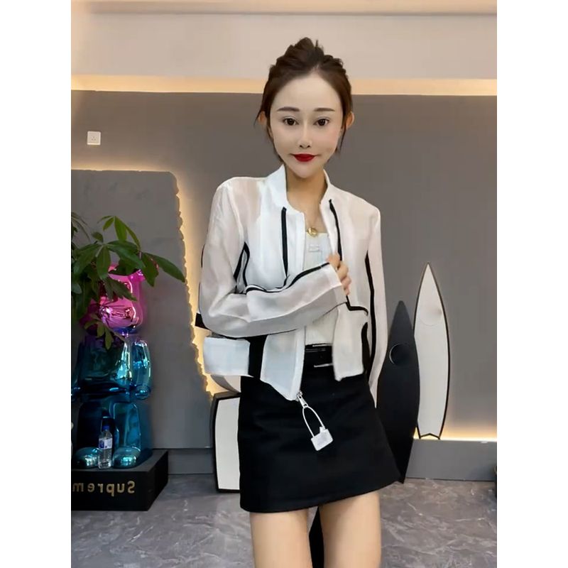 

Thin Jacket for Summer Women s Short Stand Collar Long Sleeves Chiffon Shirt Sun Protection Clothing 2025 New Women s Tops Fashion Tide White M(90-125)