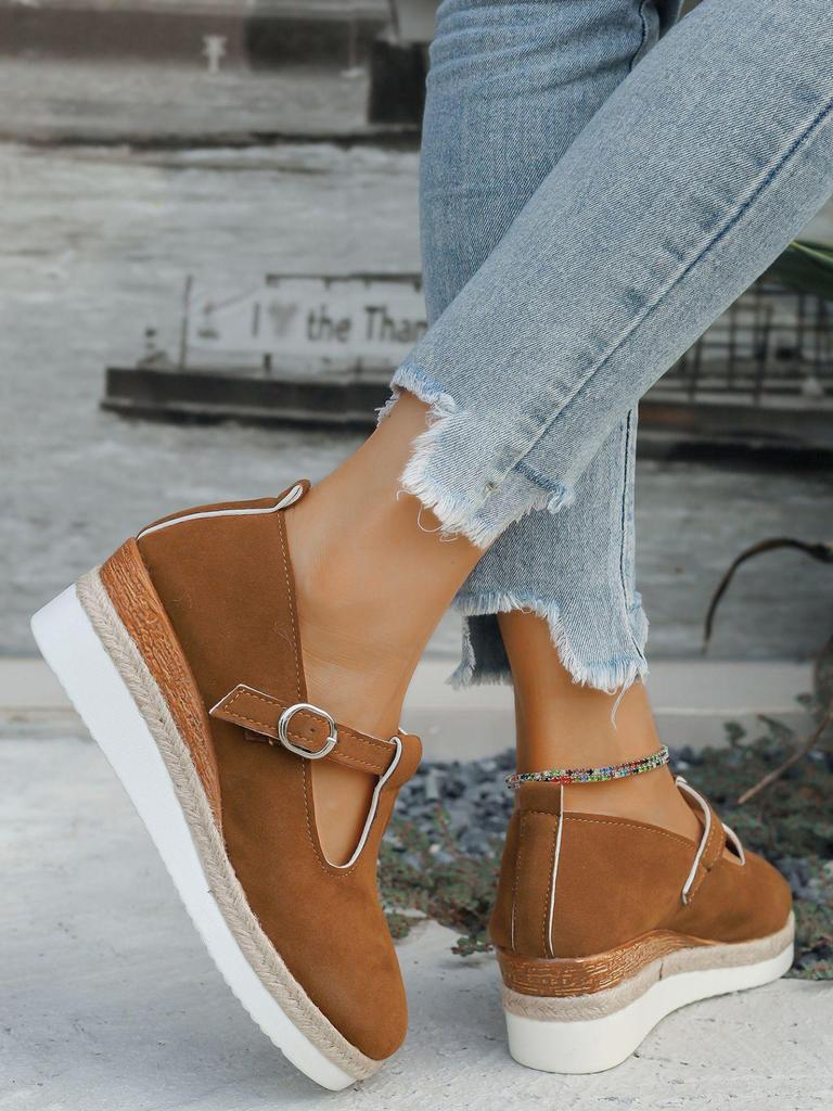 2025 New Women's Large Size Wedge Heels with Spring/Autumn Scarf Buckle & Hemp Sole – European/American Roman Style