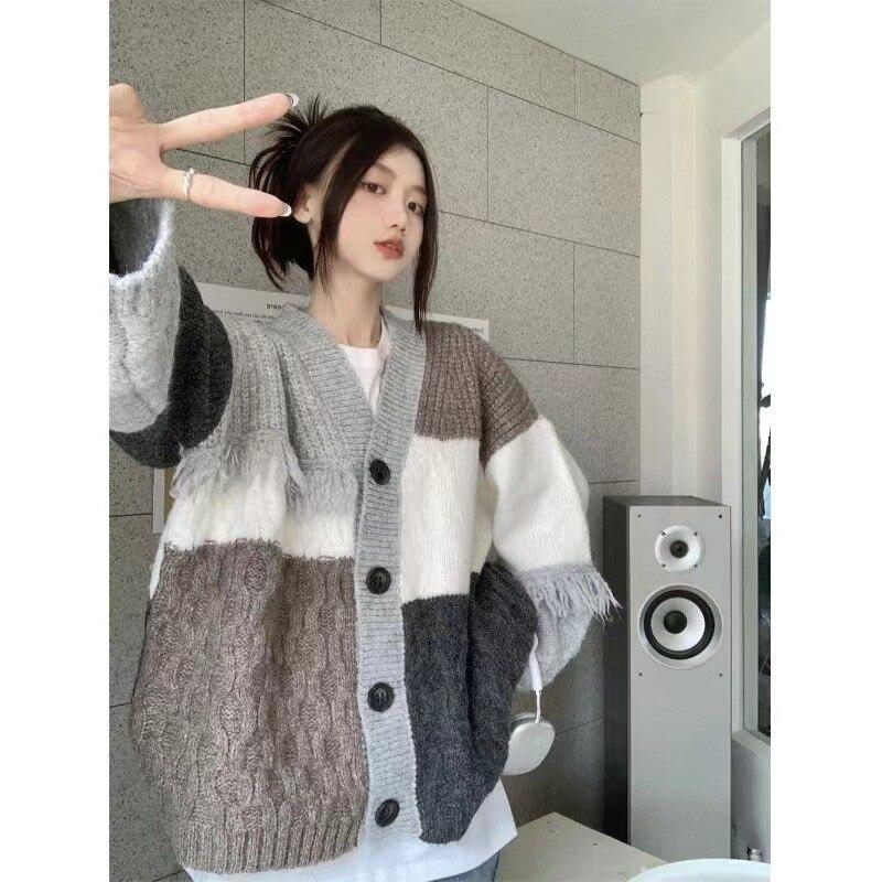 Vintage Tassel V-neck Cardigan Jacket Women Autumn And Winter Knitted Sweater Korean Lazy Style Sweet Chic Sweaters Tops 28970