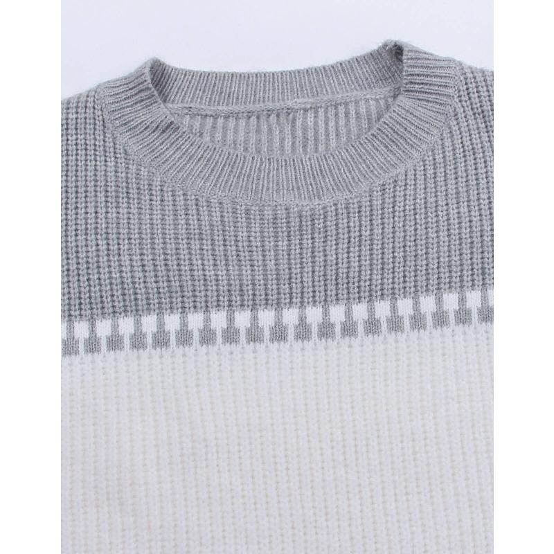 Женский осенне-зимний полосатый винтажный контрастный цветной пэчворк-свитер с круглым — фото 8