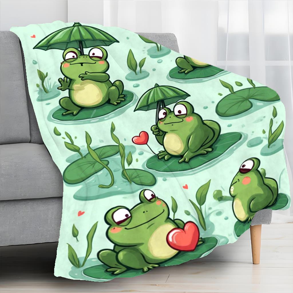 Coperta Ranocchia Carina Ranocchie Cartone Animato Con Ombrelli E Cuori Design Foglia di Giglio Verde Morbido Pile Plaid Accogliente Decorazione Stanza Bambini Idea Regalo