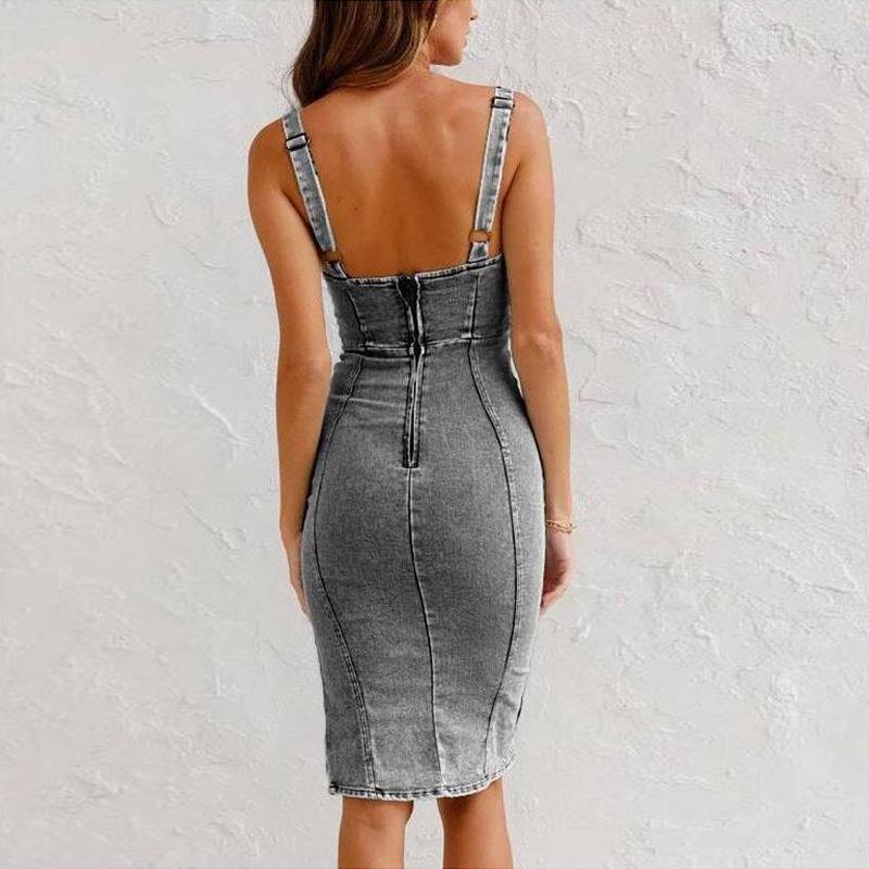 2025 Summer Distressed Denim U-Neck Camisole Jumpsuit