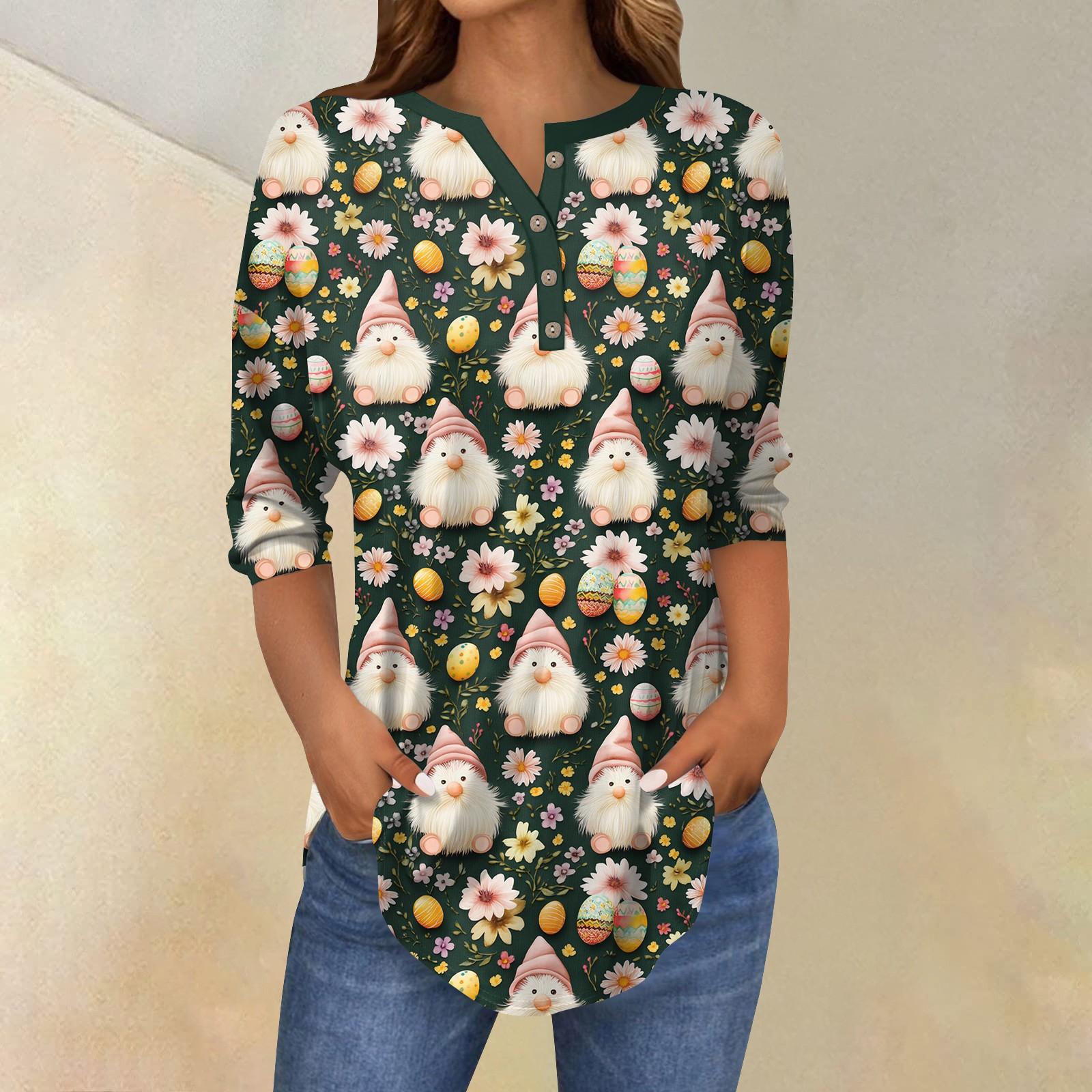 

Женский модный повседневный топ с рукавами 3/4 и принтом пасхального кролика и воротником на пуговицах XXL