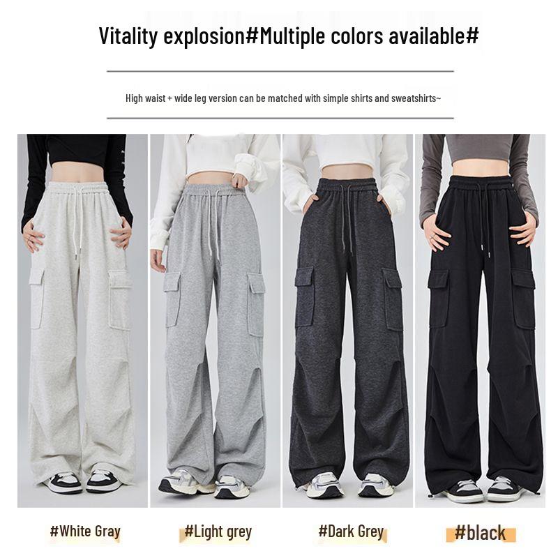 Women's Light Grey High-Waisted Strappy Overalls - Spring/Autumn Wide-Leg Pants with Large Pockets, Casual Sportswear