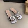 French temperament rhinestone square buckle satin thick heel one-word drag women 2025 summer new versatile square head outer slippers