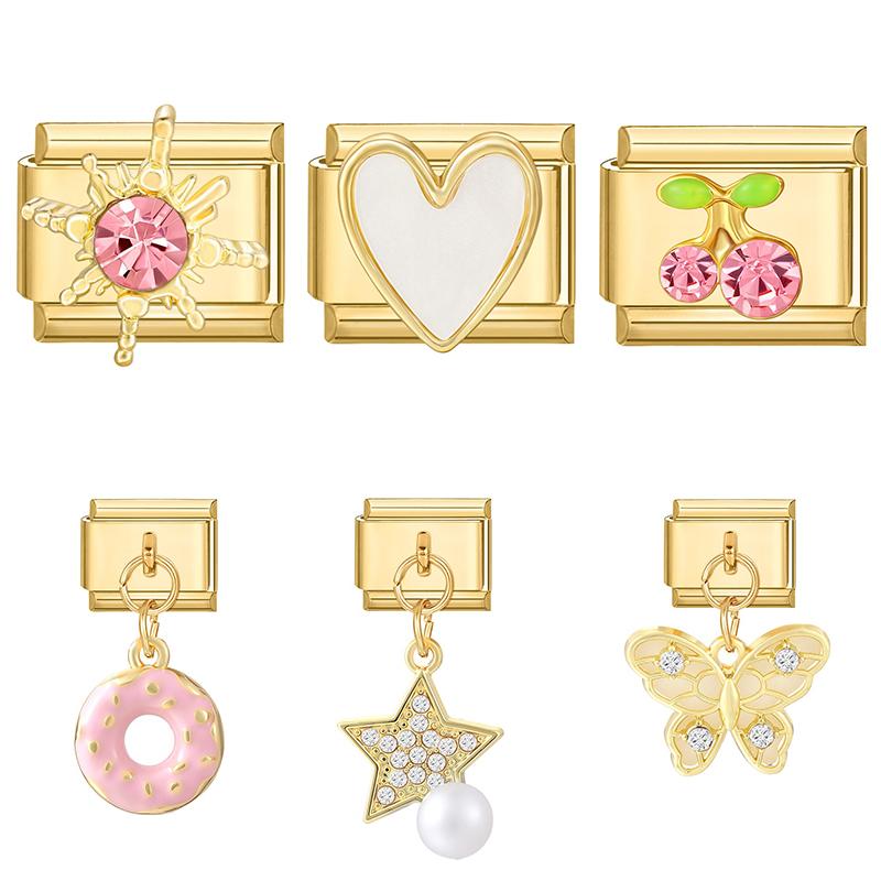 New Y2K Gold Color Butterfly Moon Bow Shell Star Pearl Pendant Italian Charm Link Fit 9mm Stainless Steel Bracelet DIY Making