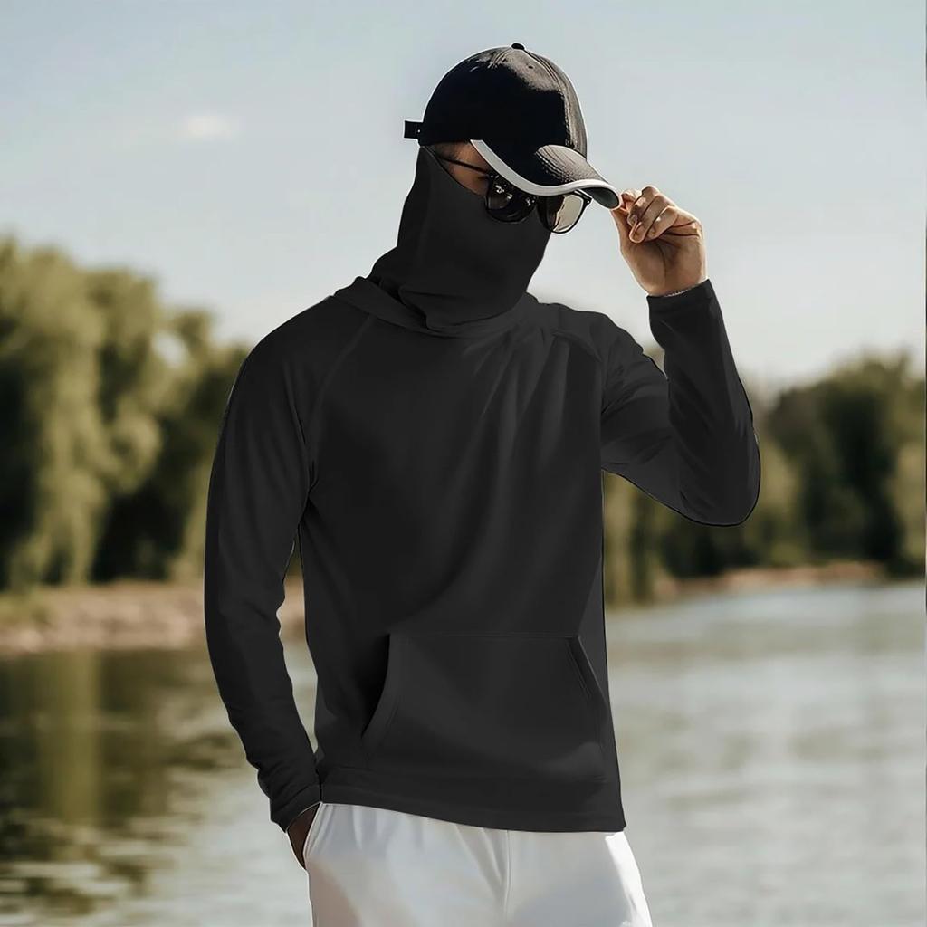Lightweight Long Sleeve Hooded Shirt with Integrated Face Cover Sun Loose Fit Guard Pullover Top for Outdoor Activities